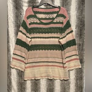 BloomChic Striped Open-Knit Sweater in Pink, Green & Cream size 1X (14-16)
